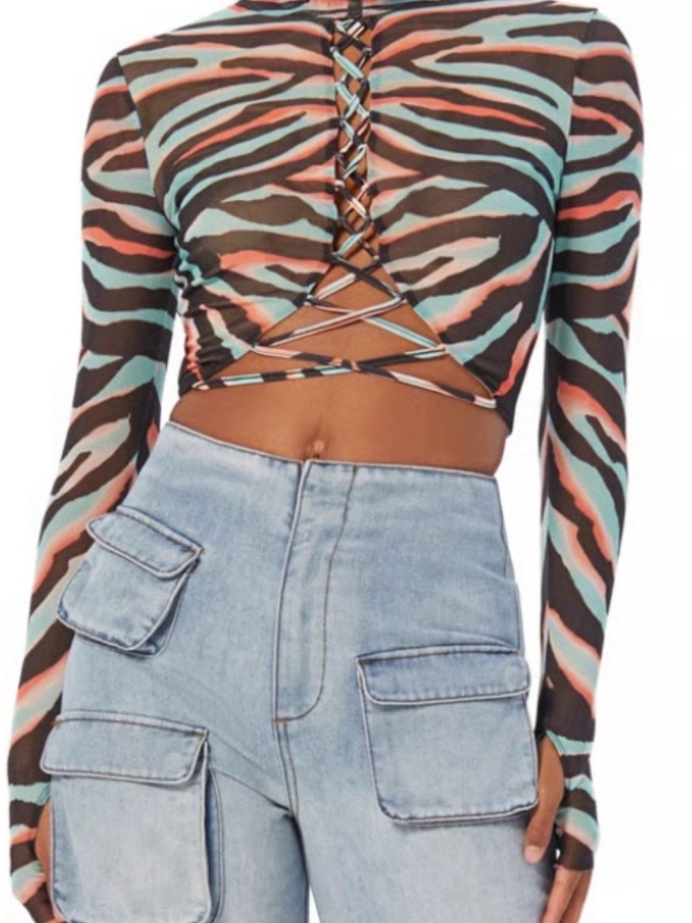 AFRM Lace-Up Zebra Stripe Long Sleeve Crop Top in Multicolor